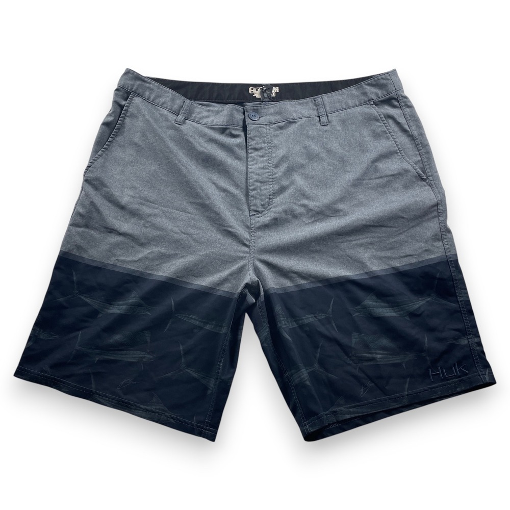 Huk Mens Performance Fishing Hybrid Shorts Grey Navy Marlin Print Size 40